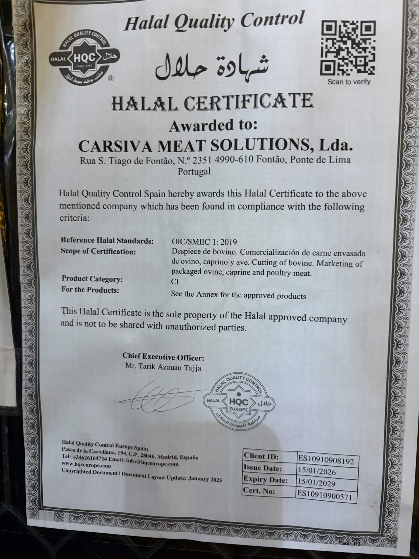 Certificat halal HQC n° ES10910900571
